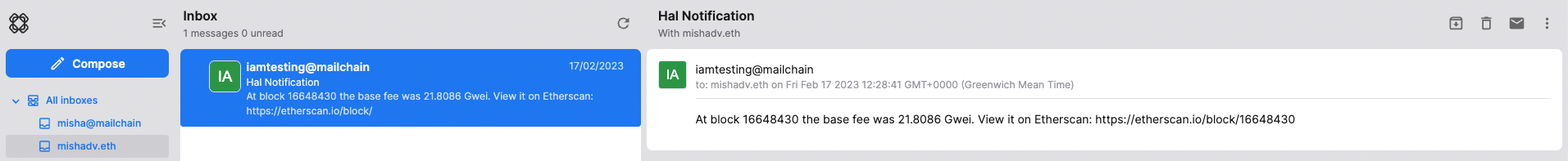 hal notification in mailchain inbox