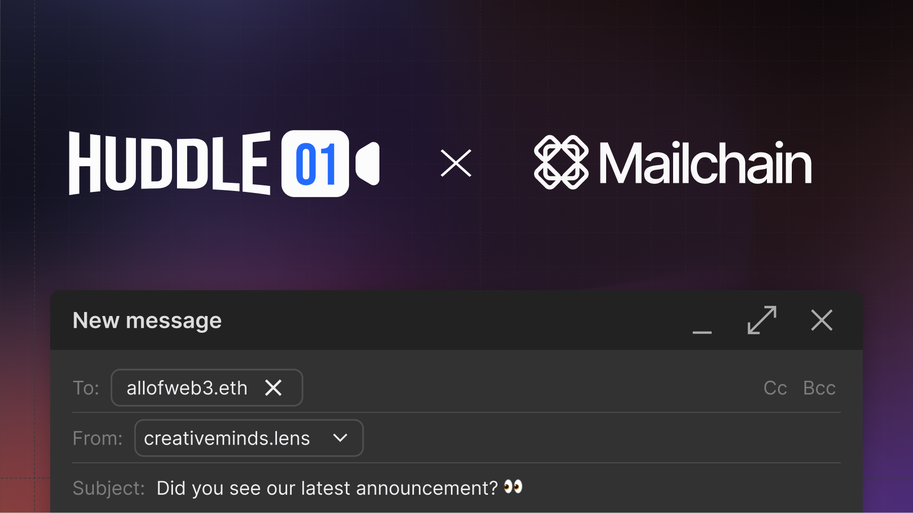 Huddle01 & Mailchain integration with a new web3 email being composed